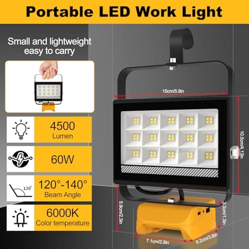 T-SUN 60W 2Pack Work Light, Cordless LED Flash Light Compatible with Dewalt 18V/20V Battery, with USB & Type C Charging Port, Work Light for Garage, Car Repair, Emergency and Job Site - Thumbnail 5