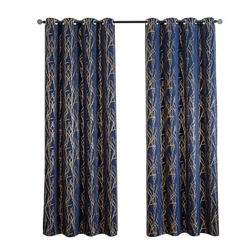 Rockala Grommets Blackout Long Window Curtains Navy Blue Gold-52W*95L 2PCS Drapes for Bedroom - Image 1