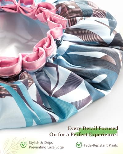 mikimini Large Shower Cap for Women Reusable Waterproof, Hair Cap for Shower with Double Layers, Tropic Style Hair Cover with Elastic Band for Shower suit for Long Hair, Braids - Thumbnail 3