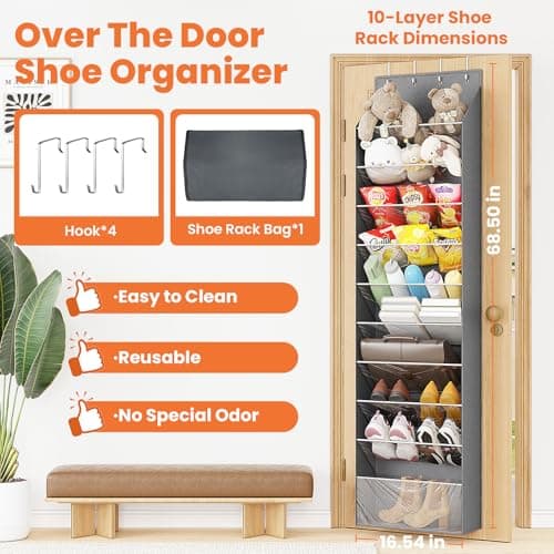 ZATOCL 10-Tier Over The Door Organizer, Space Saving Hanging Shoes Organizer and Storage Unit, Organizer for Closet, Bedroom, Entryway, Grey - Thumbnail 2