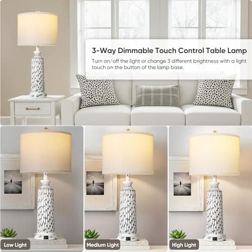QiMH 26" Table Lamps Set of 2, Modern Bedside Lamps with USB A+C Ports, 3-Way Dimmable Touch Control & White Shade, Coastal White Gray Nightstand Lamp for Living Room Bedroom, Included 2700K LED Bulbs - Thumbnail 2