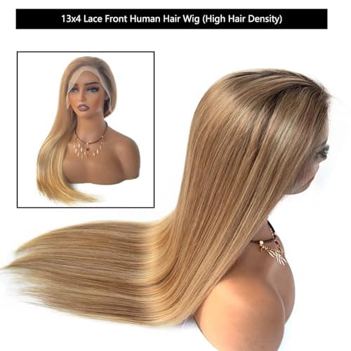 Upgrade - 13*4 Lace Front Straight Wigs for Women,Brown Roots mixed Golden brown and blonde,Glueless Ombre Highlights Blonde Lace Frontal Human Hair Wig with HD Lace ,Pre Plucked with Natural Hairline - Thumbnail 6