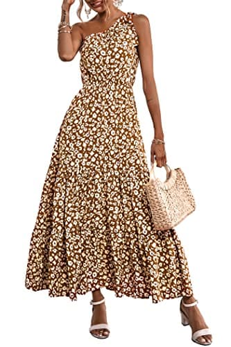 PRETTYGARDEN Women's Floral Maxi Dress 2024 Knot One Shoulder Sleeveless Ruffle Hem Flowy Boho Dresses(Jiang Yellow,X-Large) - Image 1