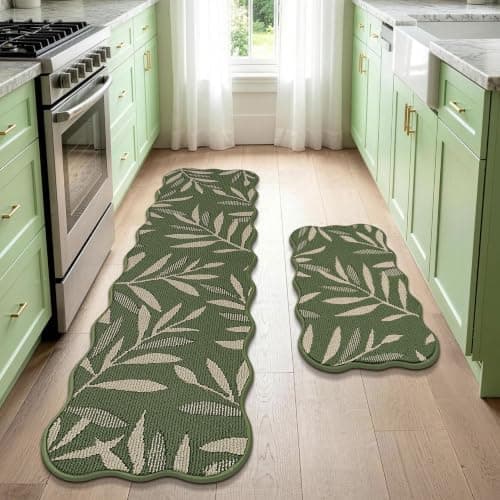 JSEI Scalloped Kitchen Rugs with 3D Leaf Pattern, 2 Pcs Kitchen Mats for Floor, Non-Slip Washable Kitchen Runner, Absorbent Rugs for Kitchen, Laundry & Sink, 17"x30"+17"x60", Green - Image 1