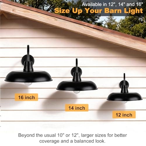 16 Inch Dusk to Dawn Gooseneck Barn Light, 2-Pack Extra Large Farmhouse Porch Lamps, Industrial Vintage Anti-Rust Stain Black Wall Mount Outdoor Fixture with Photocell for Exterior Courtyard Barn Shed - Thumbnail 2