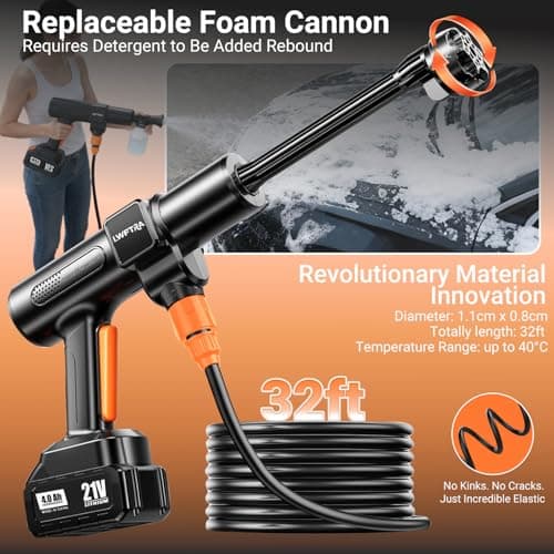 Cordless Pressure Washer, 300PSI Portable Power Washer with 6-in-1 Nozzle & Foam Cannon, 21V Hand Held Pressure Washer with 2 Batteries & 32 FT Hose, 3.2 LBS Brushless Motor for Car, Garden, Fence - Thumbnail 6