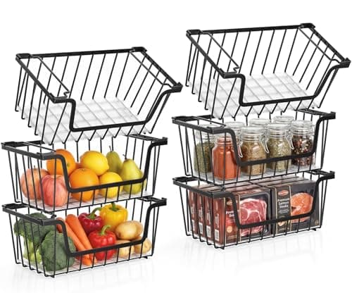 SUNALLY Stackable Storage Bins 6 Pcs Wire Baskets for Pantry Organizers and Storage, Vegetable Fruit Storage Basket for Countertop Organizer,Kitchen Storage Baskets for Onion Potato Snack,Black
