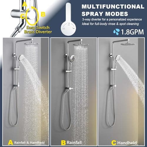 9 Inch Rain Shower Head System with Handheld Spray, Handheld Shower Heads with Multi Spray Modes, Brass Diverter Valve, 360° Swivel Adjustable Rainfall Shower, Chrome Shower Faucet Set for Bathroom - Thumbnail 5
