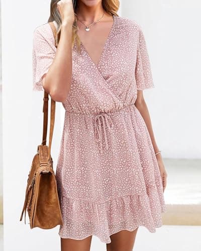 KIRUNDO Womens Summer Dresses 2026 Casual Spring Short Sleeve V Neck Ruffle Floral Print High Waist Belted Flowy Mini Dress(X-Large, Pink) - Thumbnail 5