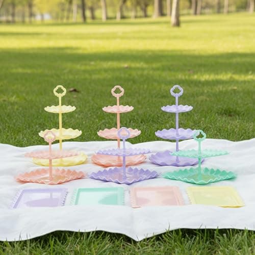 Pack of 11 NWK Cake Stand Set, with 3 x Two-Tier and 3 x Three-Tier Cupcake Stands, 4 x Appetizer Trays, 1 x Tablecloth for Birthday Bridal Baby Shower Party (Colorful) - Thumbnail 6