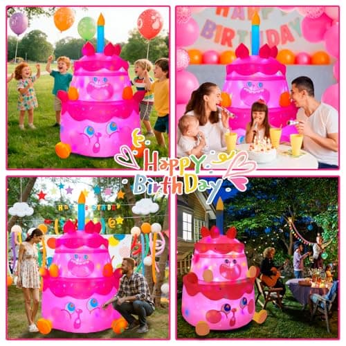 GIFTFIND 6FT Strawberry Birthday Cake Inflatable with Rotating LED Lights, IP65 Waterproof Fabric Yard Decoration for Girls Kids Party, Includes UL Blower Stakes & Ropes - Thumbnail 4