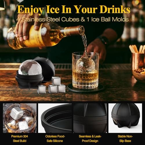 Electric Whiskey Smoker Kit with 7 LED Light Modes, Rechargeable Cocktail Smoke Infuser, 6 Natural Wood Chips, Stainless Steel Ice Cubes & Sphere Mold, Bourbon Gift Set for Men, Dad, Husband - Thumbnail 6