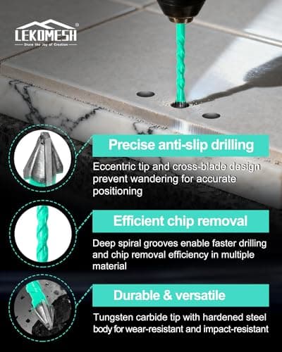 LEKOMESH 10PCS Carbide Masonry Drill Bit Set, 1/4"–1/2", 4-Cross 9-Edge Tip for No Walking & Precise Drilling, Hex Shank Multi-Material Bits for Tile, Ceramic, Brick, Concrete, Glass, Wood - Thumbnail 3