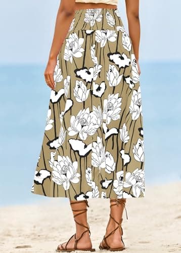 Wenrine Womens Floral Print Maxi Skirt High Waisted A Line Boho Flowy Beach Vacation Long Skirts with Pockets Khaki - Thumbnail 5