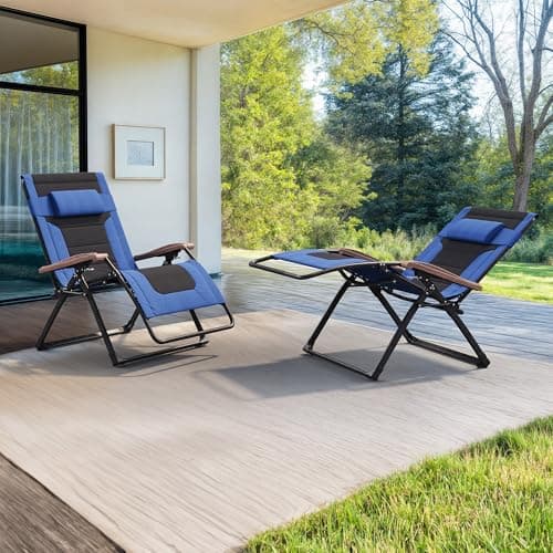 PURPLE LEAF Extra Wide Outdoor Reclining Chair Set of 2 Patio Zero Gravity Chaise Lounge Folding Chair with Quilted Cushion Adjustable Headrest for Lawn Camping Beach Pool Navy Blue and Black - Image 1