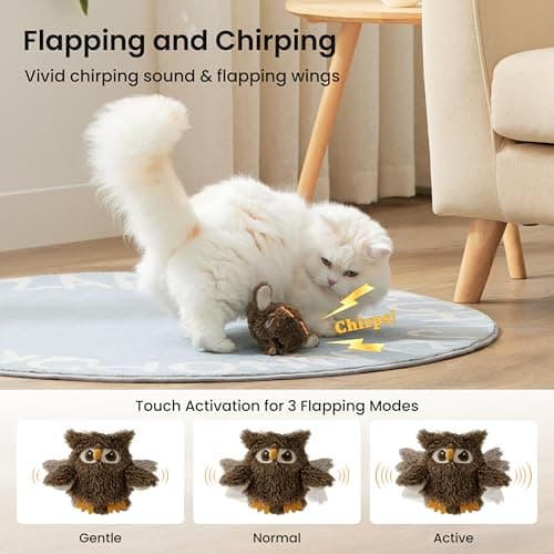 ZOMISIA Flappy Bird Cat Toy, Interactive Flapping Chirping Bird Cat Toy with Catnip Bag for Indoor Bored Alone Kitten, Automatic Rechargeable Touch Activated Owl Kitty Toy (No Flying), Brown - Thumbnail 2