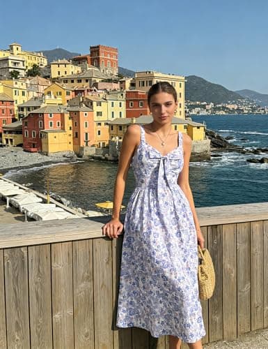 Belle Poque Summer Dresses for Women 2026 Tie Front Dress Beach Wedding Guest Dress Floral Sundress with Pockets (Purple,XL) - Thumbnail 5