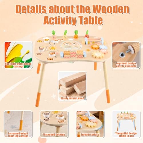 Wooden Activity Table for 1 Year Old Toddlers Sensory Table Activity Center 1-3 2 Baby Activity Table Kids Gift Game Wooden Montessori Table Shape Sorter Sensory Toys (Length*Height: 17"*11.8") - Thumbnail 4