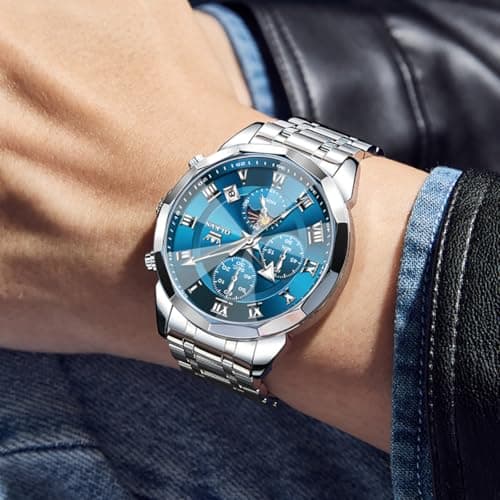 OLEVS Watch Men Luxury Sliver Stainless Steel Dress Waterproof Blue Face Wrist Watches for Men Classic Analog Quartz Moon Phase Chronograph Men Watch Relojes De Hombre - Thumbnail 4