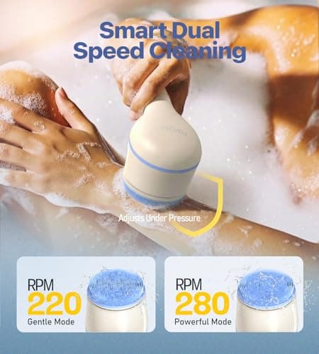 Electric Body Brush Back Scrubber for Shower, Waterproof Long Handle Body Scrubber Bath Brush with 5 Heads, Rechargeable Body Scrub Brush, 2 Speeds for Cleansing, Exfoliating and Massage (White) - Thumbnail 3
