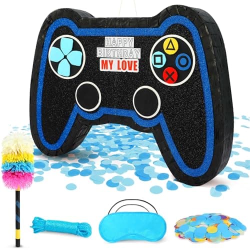 Large Video Game Controller Pinata with Stick and Blindfold - Heavy Duty Gamepad Pinata for Boys Birthday Party Supplies - Level Up Gamer Themed Party Decorations and Interactive Games - Image 1