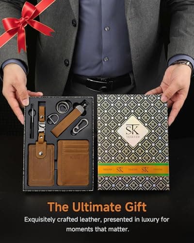 Teskyer Leather Gifts for Men, Premium Leather Gift Set with Slim Wallet, Travel Luggage Tag & Car Keychain, Elegant Gift Box for Father's Day, Birthday, Anniversary, Retirement & Graduation - Brown - Thumbnail 4