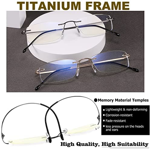 Yiwaeye 2 Pack Titanium Rimless Reading Glasses Anti Blue Light Glare Filter, Ultralight Spring Hinge Readers for Men Wowen Gold/Gunmetal +1.5 - Thumbnail 2