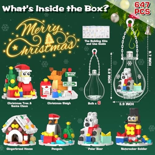 2026 Light-Up Christmas Ornament Building Kit — 647 PCS Holiday Building Blocks Set for Kids and Adults, Featuring Gingerbread House, Santa, Reindeer, Polar Bear, Nutcracker Soldier & Penguin - Thumbnail 3