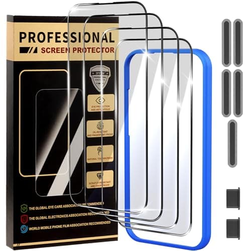 jpyyw 4 Pack for iPhone 17 Pro Screen Protector, Military-Grade Shatterproof, 9H Hardness, Full Coverage Tempered Glass with Install Frame