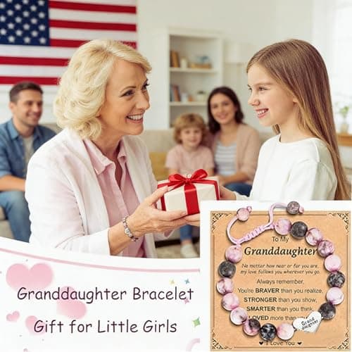 Dhdgzq Granddaughter Bracelet from Grandma, Heart Natural Stone Beaded Bracelet for Girls, Valentines Birthday Easter Gifts for Daughter Granddaughter, Adjustable Jewelry Gift for Girls - Thumbnail 2