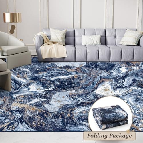 GEMBED Washable Area Rug 4x6 - Artistic Style Modern Rug for Living Room Bedroom Dining Room, Soft Low Pile Machine Washable Carpet, Non Slip Non Shedding Area Rug - Dark Blue/Gold, 4'x6' - Thumbnail 6