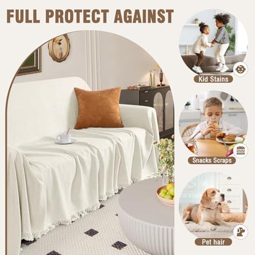 TAOCOCO Couch Cover, Couch Cover Blanket for Sofa, Thick Durable Throw for Sectional Couch, Washable Furniture Protector for Dogs Kids, Tassel Trim, 71''x150'' Beige - Thumbnail 5
