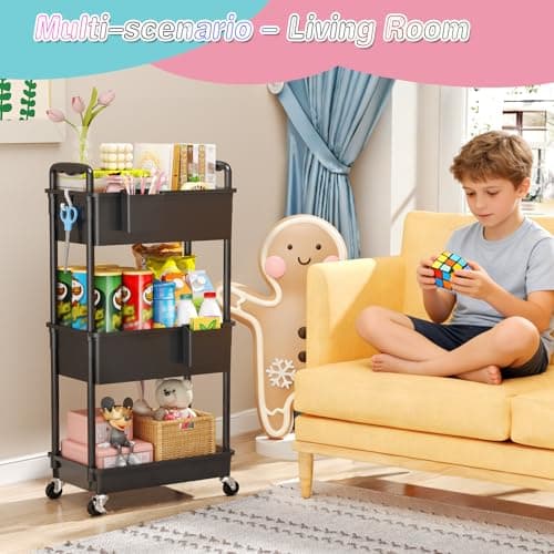 SUNALLY Baby Diaper Caddy Cart, 3 Tier Rolling Diaper Cart with Lockable Wheels for Nursery Essentials, Large Capacity & Easy Assemble Diaper Storage Organizer for Newborn,New Mom, Black - Thumbnail 6