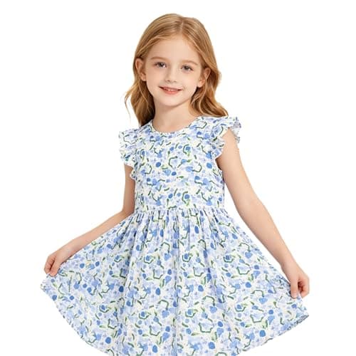 TRENDSTITCH Girls Summer Floral Dress Ruffle Flutter Sleeve Boho A-Line Sundress Cute Casual Party Clothes for Teens Kids Size 7-8 Years - Image 1