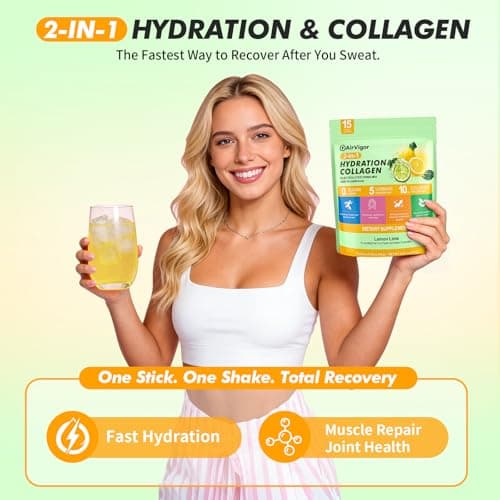 AirVigor Electrolyte Powder Packets, 10G Collagen Hydration Packets, Sugar Free Daily Electrolyte Hydration Recovery Drink Mix with 5 Vitamins & Glutathione, Joint Skin Muscle Support, Keto, Lemon - Thumbnail 2