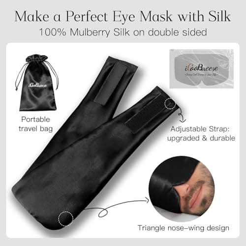 iCooBreeze 100% Natural Silk Eye Mask for Women Men, Soft Pressureless Cooling Blackout Eye Covers for Sleeping, Large Size Sleep Mask fits All Heads Adjustable, 1PC, Black - Thumbnail 5