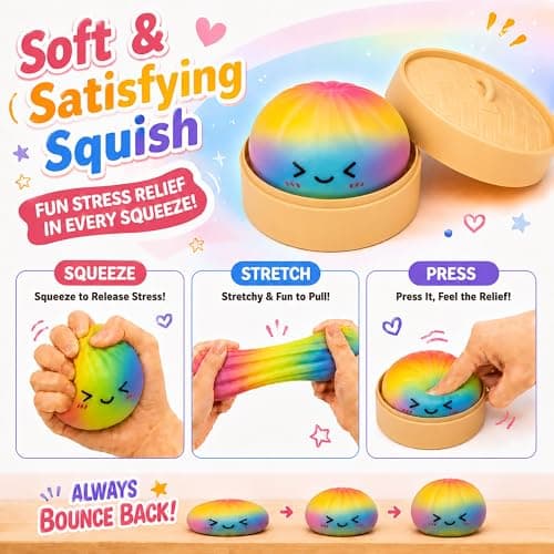 Rainbow Dumpling Squishies, Mystery Dumplings Squishies with Steamer Box, Colorful Bao Bun Squishys, Soft Squeeze Desk Toy, Fun Stress Relief Fidget Ball for Party Supplies Gift - Thumbnail 6