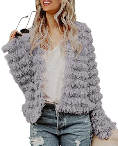 Inorin Womens Fall Open Front Cardigan Faux Fur Coat Vintage Parka Shaggy Jacket Warm Coat Tops (Light Grey, Medium) - Image 1