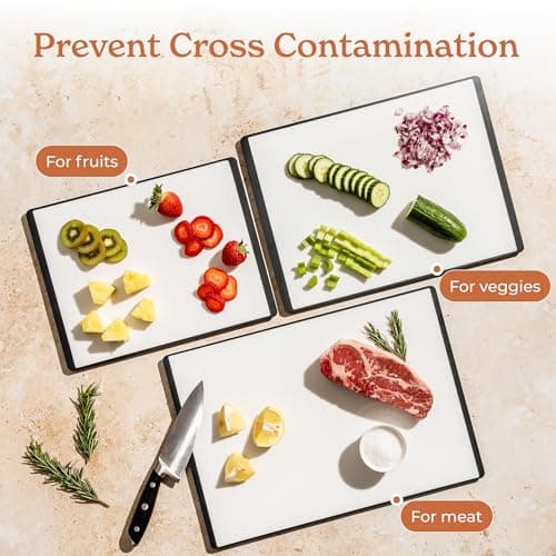 SMIRLY Plastic Cutting Board Set with Holder 4 Pieces, Non-Slip Dishwasher Safe Chopping Boards for Kitchen, Black & White - Thumbnail 4