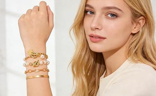 Alegend 14K Gold & Pearl Layered Bracelet Set - Freshwater Pearl, Paperclip Chain & Textured Cuff Stackable Bracelets - Thumbnail 3
