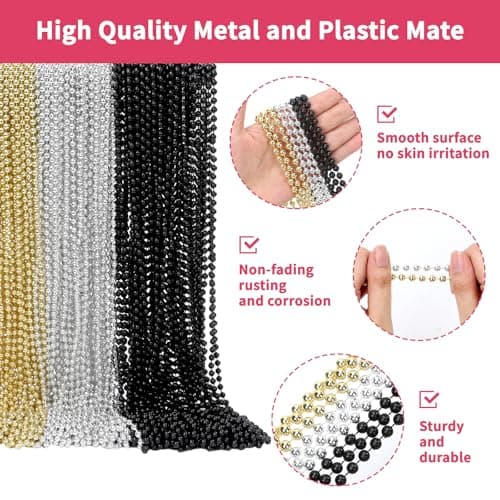 SWANUCKY 90 Pack 33" Gold Silver Black Mardi Gras Plastic Beads Necklaces - Party Favors, Parade Throws, Costume Accessories, Graduation, Summer Festivals & Daily Decor - Thumbnail 5