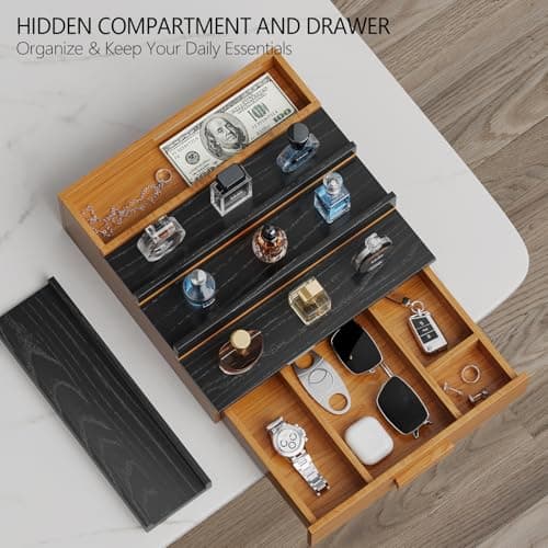 Sueuapp Solid Walnut Cologne Organizer for Men,4 Tier Cologne Stand Display Shelf with Hidden Storage and Drawer,Perfume Stand Organizer,Perfume Holder Great Gift for Men Father - Thumbnail 2