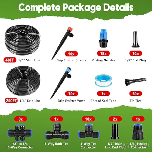 240FT Drip Irrigation System Kit Quick-Connect, Automatic Garden Watering System for Raised Garden Beds, Greenhouse, Yard, Lawn, Plant with 1/2 inch Hose 1/4 inch Distribution Tubing and Accessories - Thumbnail 2