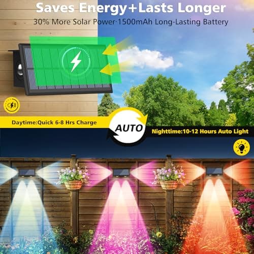 T-SUN Solar Fence Lights Outdoor, 7 Fixed Colors and Color Changing Fence Lights Solar Powered, IP65 Waterproof LED Dusk to Dawn Deck Light for Porch Backyard Wall Step Patio Railing Pool (6 Pack) - Thumbnail 4