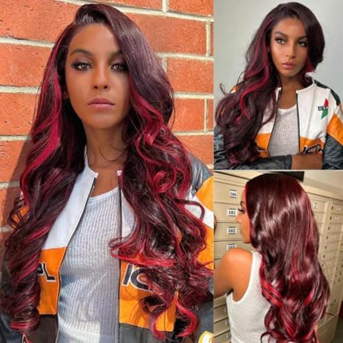 Red Burgundy Highlight Wigs Human Hair Ombre Skunk Strip Body Wave Red And Black 9x6 Glueless Lace Closure Colored Wig Human Hair 9x6 HD Lace Frontal Wigs 200 Density Pre Plucked For Women 28 Inch - Thumbnail 3