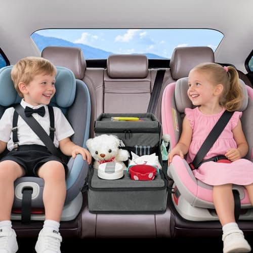 Car Seat Organizer, Backseat Car Organizer with Cup Holder Tray and Storages for Kids and Adults, Portable Travel Cooler for Car for Front or Back Seat Passenger Organizer Ccompartment (Grey) - Thumbnail 2