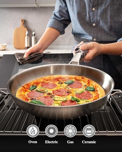 VocVoi Stainless Steel Pan, 12 Inch with Lid Stainless Steel Frying Pan, Non Toxic Tri-Ply Skillet, PFOA&PTFE Free, Oven and Dishwasher Safe, Induction Compatible - Thumbnail 3
