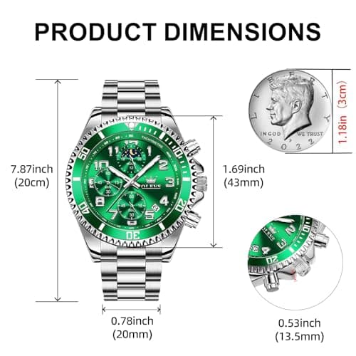 OLEVS Watches for Men Green Big Face Silver Stainless Steel Dress Chronograph Moon Phase Mens Watches Analog Quartz Cheap Waterproof Luminous Fashion Men's Wrist Watches - Thumbnail 4