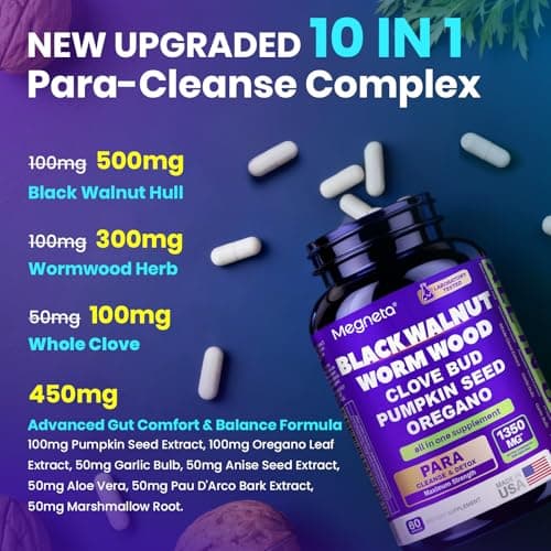MEGNETA Wormwood Black Walnut Clove Cleanse for Humans, Intestinal Cleanse & Gut Detox with Pumpkin Seed & Oregano, Vegan Digestive Support for Adults, 60 Capsules, Unflavoured - Thumbnail 2