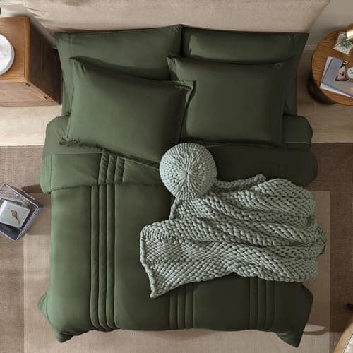 Monbix King Size Comforter Set - 7 Pieces Bed in a Bag King, Olive Green Bedding Sets with Comforter, All Seasons Comforter Bed Set with Sheets, Pillowcases & Shams - Thumbnail 5